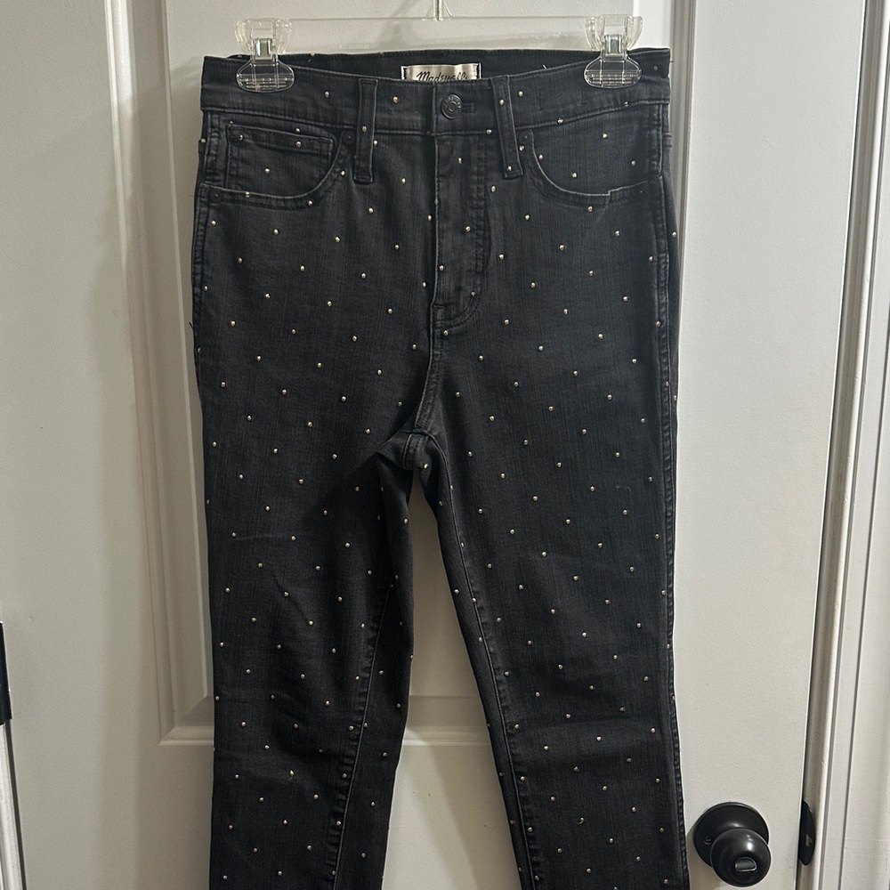 Madewell Black 10” High Rise Skinny Jeans with Gold Polka Dot Embroidery
